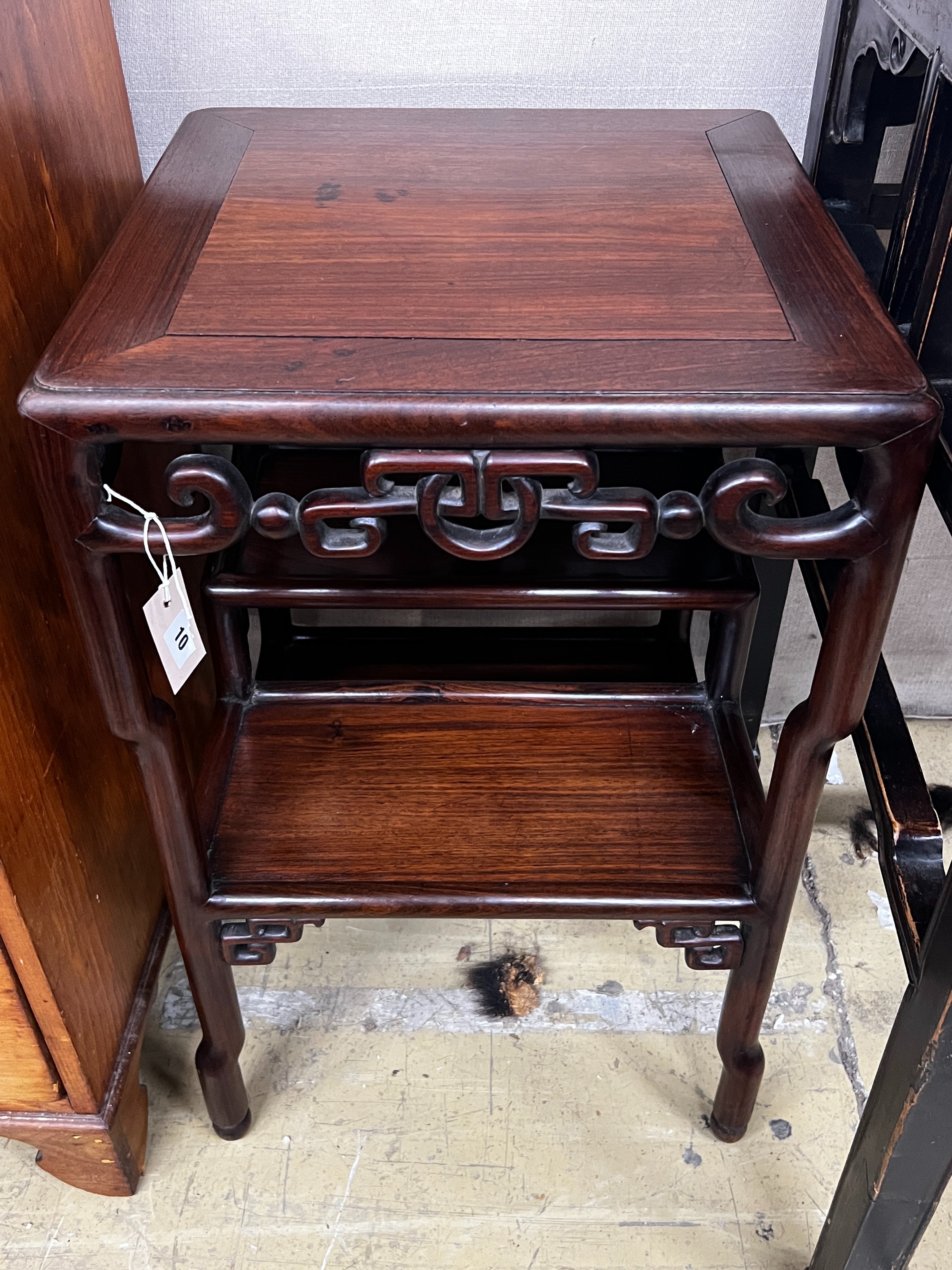 A Chinese carved hongmu two tier table, width 45cm, depth 45cm, height 73cm